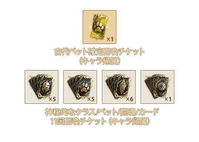 古代ペット確定召喚チケットⅧ(キャラ帰属x1、神秘的なクラス11回召喚チケットⅧ(キャラ帰属)x5、神秘的なペット11回召喚チケットⅧ(キャラ帰属)x5、神秘的な闘魂11回召喚チケットⅥ(キャラ帰属)x6、神秘的なカード11回召喚チケットⅣ(キャラ帰属)x1