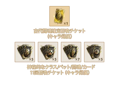古代闘魂確定召喚チケットⅥ(キャラ帰属)x1、神秘的なクラス11回召喚チケットⅧ(キャラ帰属) x5、神秘的なペット11回召喚チケットⅧ(キャラ帰属)x5、神秘的な闘魂11回召喚チケットⅥ(キャラ帰属)x7、神秘的なカード11回召喚チケットⅣ(キャラ帰属)x5