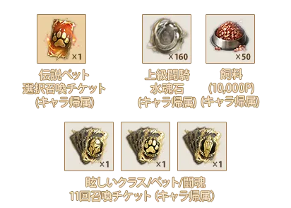 伝説ペット選択召喚チケットⅧ(キャラ帰属)x1、上級闘騎水魂石(キャラ帰属)x160、飼料(10,000P)(キャラ帰属)x50、眩しいクラス11回召喚チケットⅧ(キャラ帰属)x1、眩しいペット11回召喚チケットⅧ(キャラ帰属)x1、眩しい闘魂11回召喚チケットⅥ(キャラ帰属)x1