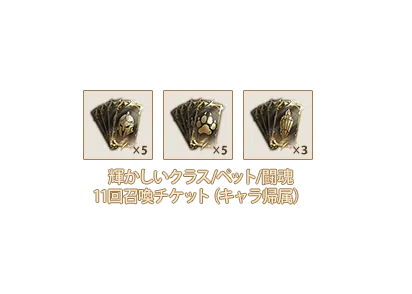 輝かしいクラス11回召喚チケットⅧ(キャラ帰属)x5、輝かしいペット11回召喚チケットⅧ(キャラ帰属)x5、輝かしい闘魂11回召喚チケットⅥ(キャラ帰属) x3