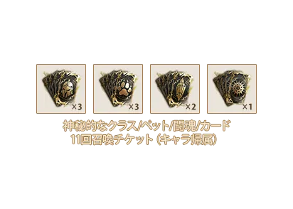 神秘的なクラス11回召喚チケットⅧ(キャラ帰属)x3、神秘的なペット11回召喚チケットⅧ(キャラ帰属)x3、神秘的な闘魂11回召喚チケットⅥ(キャラ帰属) x2、神秘的なカード11回召喚チケットⅣ(キャラ帰属)x1