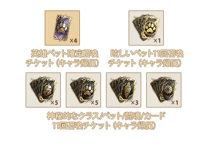 英雄ペット確定召喚チケットⅧ(キャラ帰属)x4、眩しいペット11回召喚チケットⅧ(キャラ帰属)x1、神秘的なクラス11回召喚チケットⅧ(キャラ帰属)x5、神秘的なペット11回召喚チケットⅧ(キャラ帰属)x5、神秘的な闘魂11回召喚チケットⅥ(キャラ帰属)x3、神秘的なカード11回召喚チケットⅣ(キャラ帰属)x1