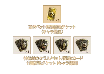 古代ペット確定召喚チケットx1、神秘的なクラス11回召喚チケットx5、神秘的なペット11回召喚チケットx5、神秘的な闘魂11回召喚チケットx6、神秘的なカード11回召喚チケットx1