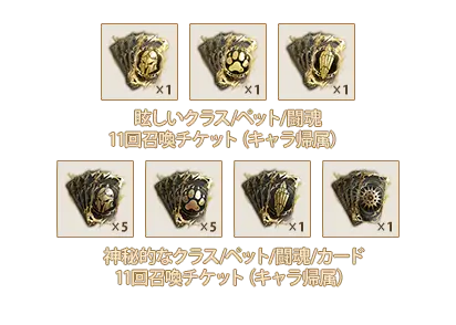 眩しいクラス11回召喚チケットx1、眩しいペット11回召喚チケットx1、眩しい闘魂11回召喚チケットx1、神秘的なクラス11回召喚チケットx5、神秘的なペット11回召喚チケットx5、神秘的な闘魂11回召喚チケットx1、神秘的なカード11回召喚チケットx1